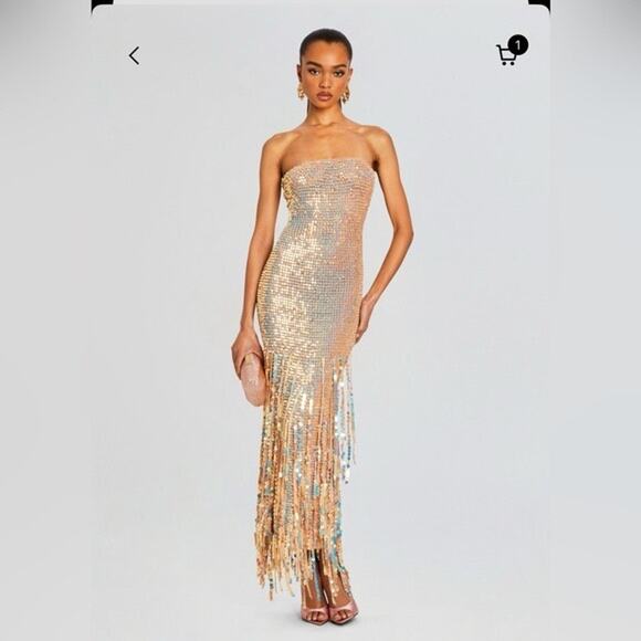 NWT RETROFETE Tan Tera Ballerina Colorway Sequin Fringe Crochet Dress Size M - Picture 1 of 11